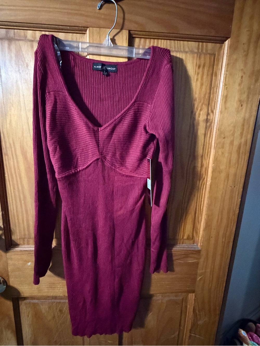 Almost Famous Burgundy Ribbed Long Sleeve Bodycon Dress
